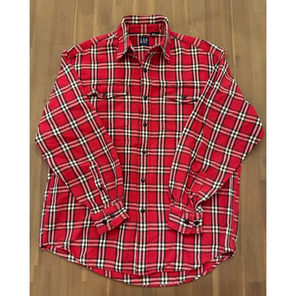 GAP‎ Plaid Flannel Shirt Red Black White Long Sleeve Button Up Casual Men's M